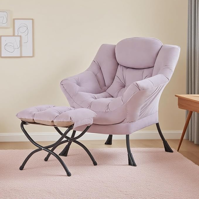 Tiita Lazy Chair with Ottoman Purple Modern Large Accent Armchair Comfy Leisure Sofa Reading Chair with Footrest for Bedroom Living Room Dorm Rooms Garden Velvet Light Purple