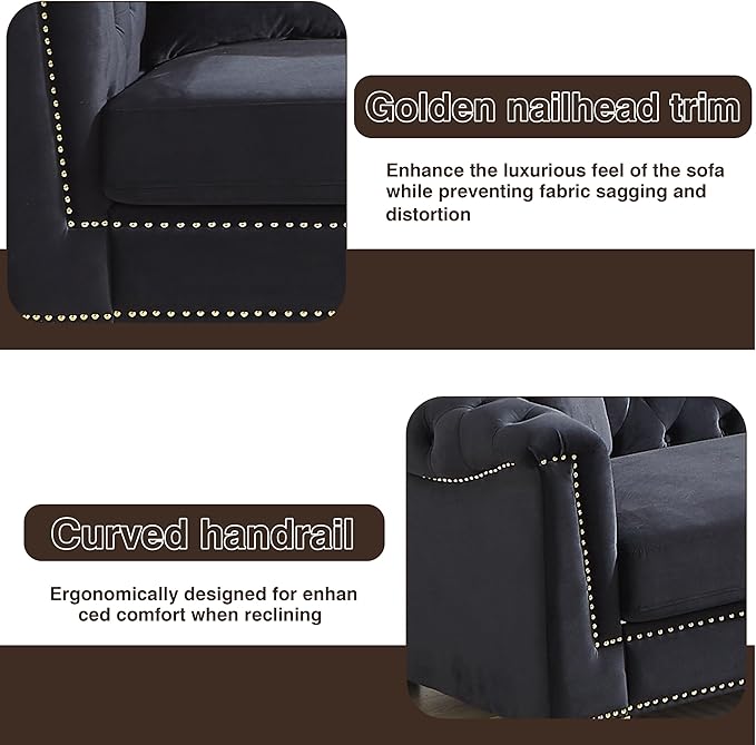 KEIKI 62 Chesterfield Sofa Retro Style Upholstered 2 Seat Sofa Rolled Arm Tucked-in Nailhead Decor Cloud Couch for Living Room Bedroom Office Black