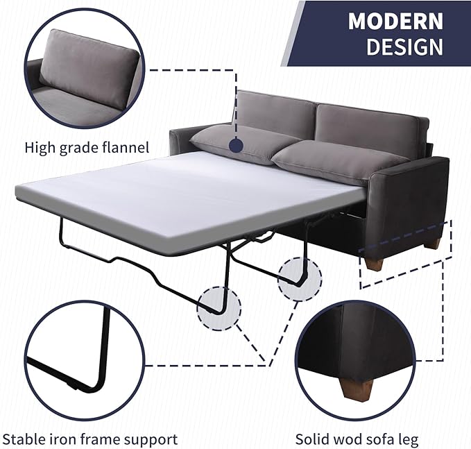 ijuicy Full Size Pull Out Couch Pull Out Sofa Bed with Foam Mattress Velvet Sofa with Pull Out Bed 2-in-1 Sleeper Couch Bed for Living Room Apartment Small Spaces (Dark Grey)