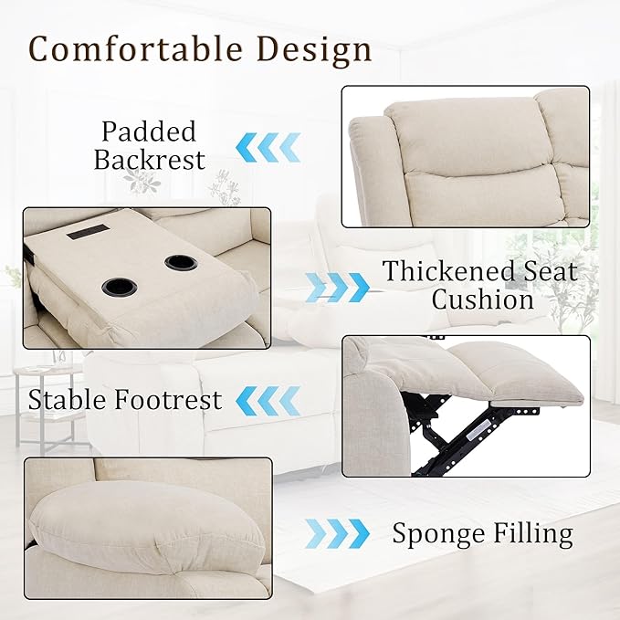 Recliner Sofa Reclining Loveseat with Console Oversized Reclining Couch with Drop Down Table 3-Seater Sofa with Cup Holder and Recessed Power Strip Beige