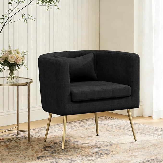 Velvet Accent Chair Modern Barrel Armchair with Lumbar Pillow &amp Gold Legs Upholstered Club Chairs for Living Room/Bedroom/Guest Reception Black