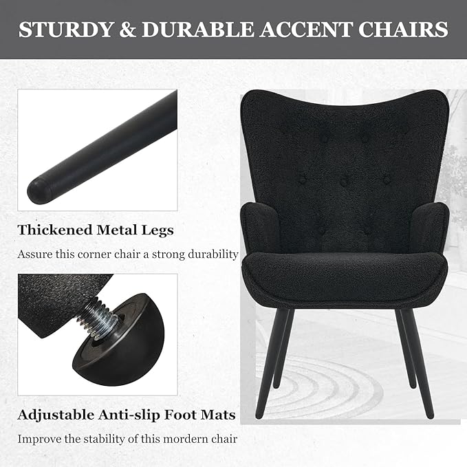 Furnimart Mid-Century Modern Accent Chairs Set of 2 Black Sherpa Wingback Reading Chairs with High Backrest Armchair for Living Room Bedroom Waiting Room