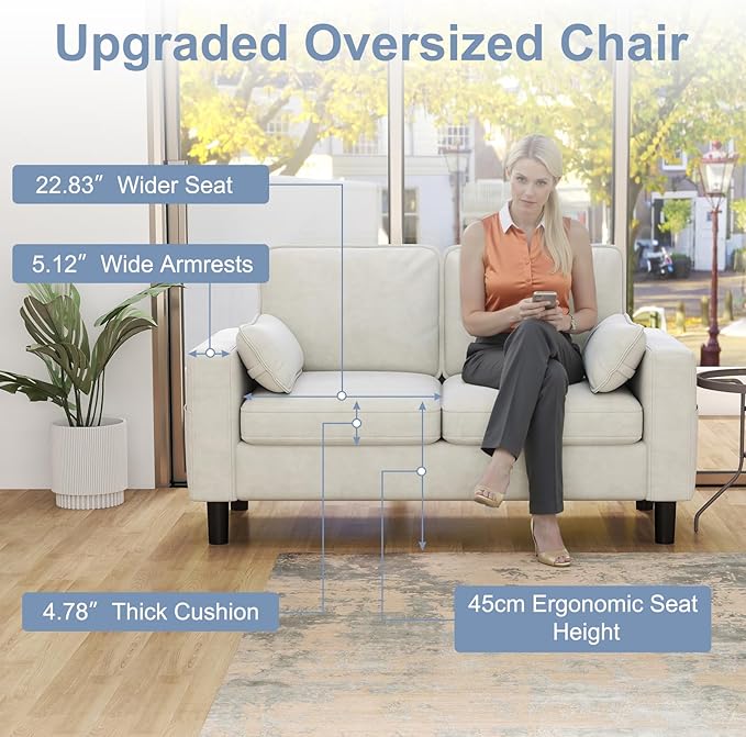 KINTNESS 56” Modern Loveseat Sofa 2-Seater Sofa Couch with Deep Seat &amp Armrest Pillow Sectional Sofa Loveseat for Bedroom Living Room Removable Covers Ergonomic Height Non-Slip Off-White