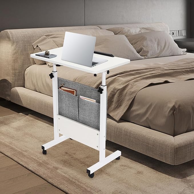 Mobile Standing Desk Rolling Laptop CartPortable Table with Wheels White Computer Workstation for Home Office