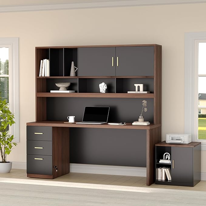 Computer Desk with Hutch and File Cabinet 72.8 Home Office Desk Set Under Desk Storage Cabinet All-in-One Study Writing Desk with Power Outlet 1.18 Desktop Privacy Panel Black Walnut