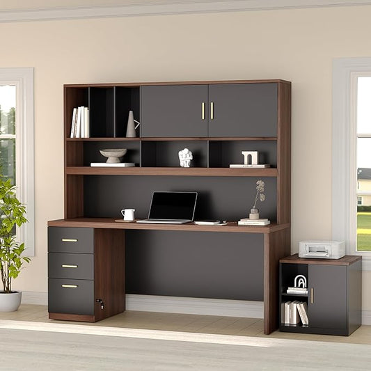 Computer Desk with Hutch and File Cabinet 72.8 Home Office Desk Set Under Desk Storage Cabinet All-in-One Study Writing Desk with Power Outlet 1.18 Desktop Privacy Panel Black Walnut
