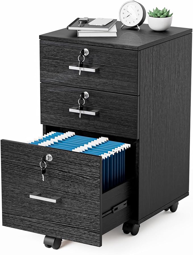 VINGLI 3-Drawer File Cabinet with Lock Wood Rolling Filing Cabinets for Home Office Mobile Printer Stand Under Desk File Organizer for Letter Sized Files 26 H(Caster Included) Black