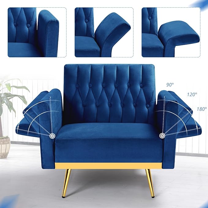 Velvet Accent Chair with Adjustable Armrests and Backrest Button Tufted Lounge Chair Single Recliner Armchair with Ottoman and Pillow for Living Room Bedroom Blue