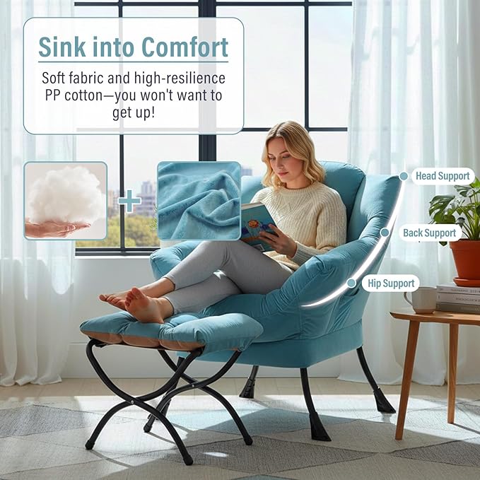 Lazy Chair with Ottoman Modern Accent Chairs with Folding Footrest Velvet Light Blue Sofa Chair Set Reading Chairs Oversized Armchairs for Bedroom Study Living Room Courtyard