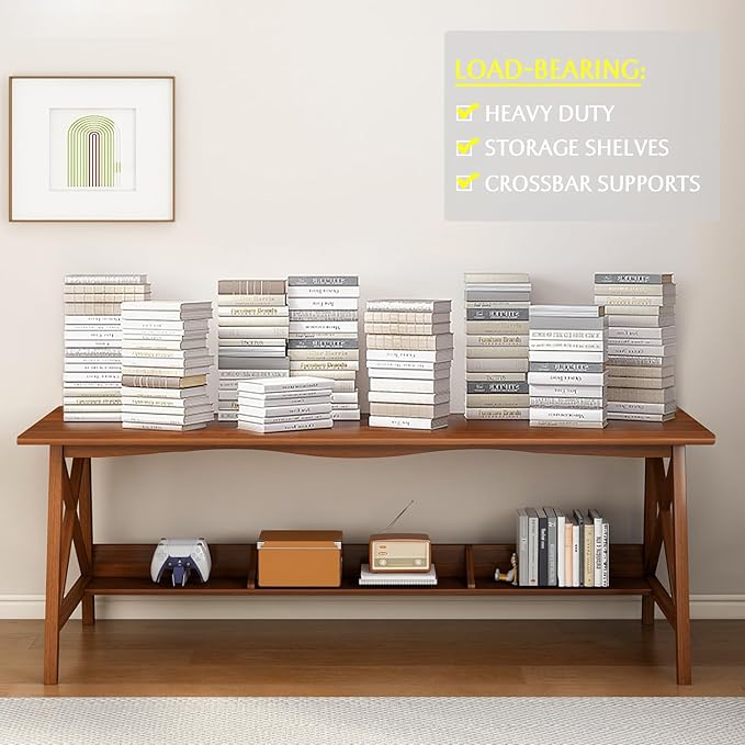 Extra Long Desk with Bookshelf - Wooden Home Office Work Study Table Writing Computer Workstation with Storage Shelf in Walnut 55 Wx20 Dx30 H
