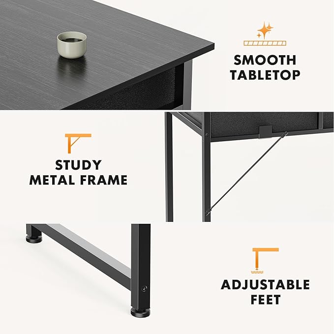 Sweetcrispy Small Desk with Fabric Drawers for Bedroom Home Office 32 Inch Computer Gaming Desk Writing Study PC Table with Side Bag Headphone Hook Metal Frame Adjustable FeetPure Black