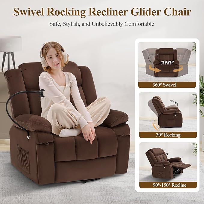 COLAMY Swivel Rocking Recliner Glider Sofa Chair with with Phone StandMassage FunctionHeatingIdeal for Living Room Office BedroomDarkbrown