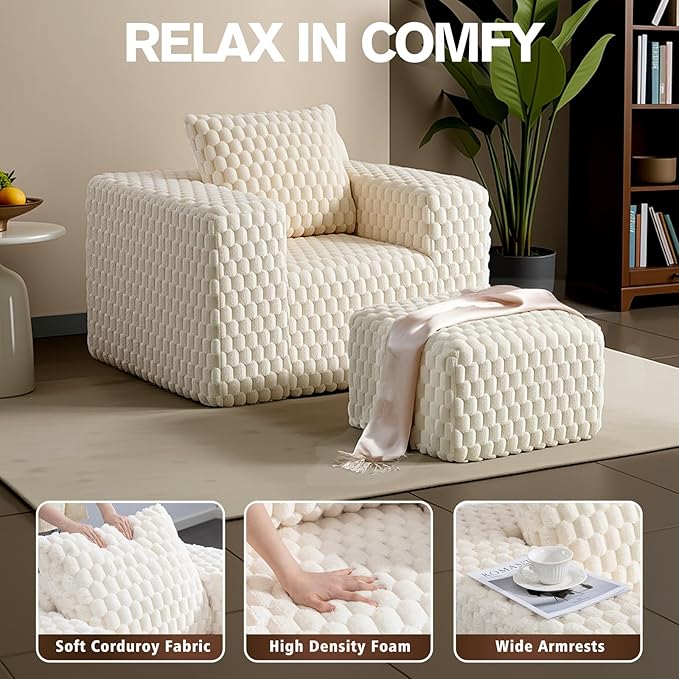 43 Boneless Couch Chair with Ottoman Comfy Lounge Sofa Couch with Pillow Corduroy Lounge Chair Single Upholstered Armchair Reading Chairs for Living Room Bedroom No Assembly Required White