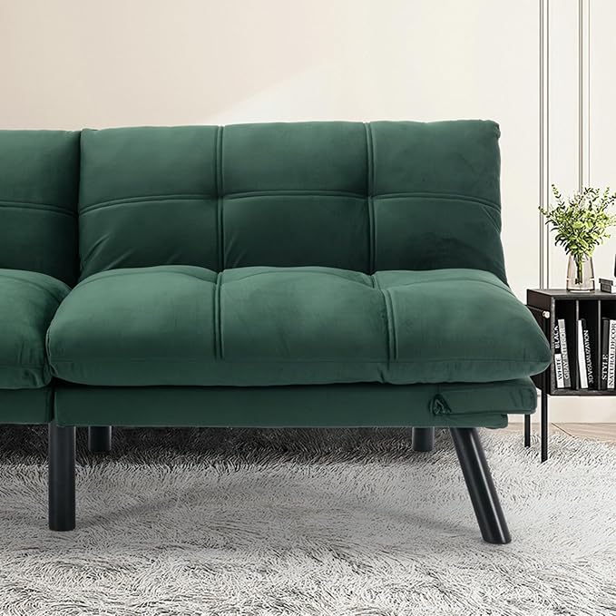 67” Velvet Futon Sofa Bed Convertible Small Upholstered Couch 2-Seat Loveseat Sleeper with Adjustable Backrest and Armrest for Small Space ApartmentGaming RoomOffice(Green)