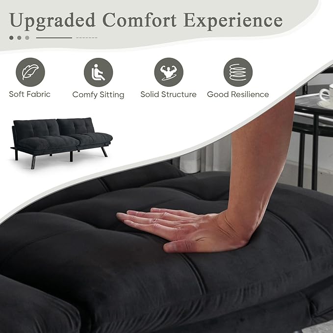 Convertible Velvet Futon Sofa Bed Comfy 72 L Sleeper Couch with Thicker Cushion Upholstered Modern Reclining Loveseat Folding Sofa for Small Living Room Dorm Apartment Office Deep Black