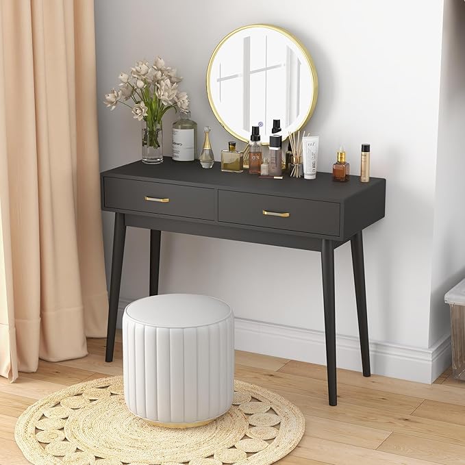Small Black Desk with Drawers - 40 Inch Home Office Study Writing Desk for Bedroom Vanity Desk with 4 Solid Legs Modern Computer Desk for Small Spaces (Balck)
