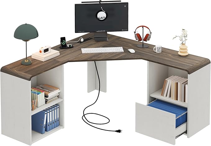 60 L Shaped Desk with File Drawer Modern Corner Computer Desk with Storage L Shape Home Office Desk Executive Desk with Power Outlets Storage Shelves File Cabinet for Working Writing White