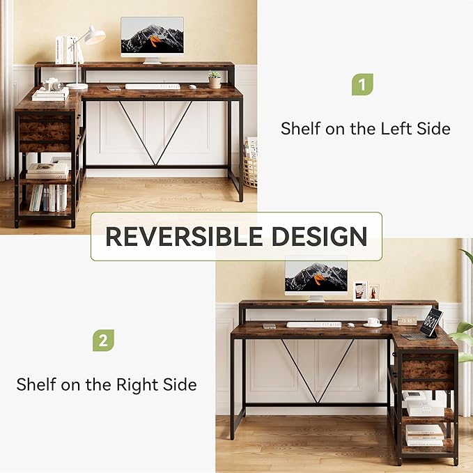 LITTLE TREE 55-Inch L-Shaped Computer Desk Reversible Computer Desk with Drawers and Storage Shelves Corner Desk Gaming Desk Work Desk for Home Office Rustic