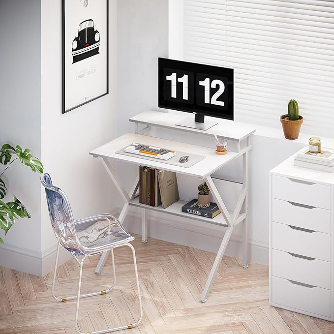 ODK Small Computer Desk 27.5 inch Desk for Small Spaces with Storage Compact Table with Monitor &amp Storage Shelves for Home Office Modern Style Laptop Desk Pure White