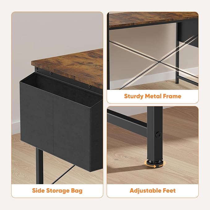 DUMOS L Shaped Desk Corner Computer Table 47 Inch L-Shaped Gaming Desks with Storage Shelf Reversible Wood Tables with Side Bag Adjustable Feet for 2 Monitors Small Space Home Office Bedroom Brown