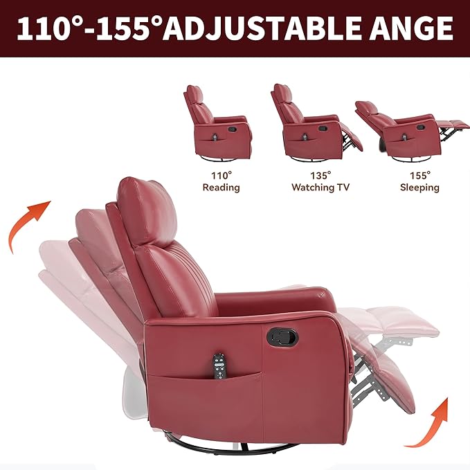 High Back Massage Recliner with Heat - Swivel Rocking Chair for Small Spaces Manual Lazy Boy Recliner for Adults Perfect for Living Room &amp Bedroom Soft Fabric (Red)