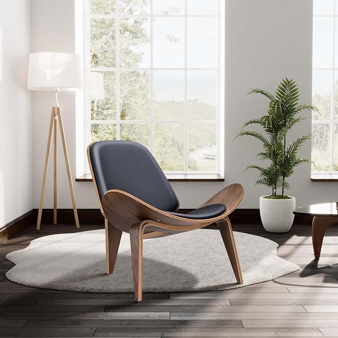 Mid Century Modern Shell Lounge Chair PU Leather Tripod Plywood Classic Design Solid Wood Accent Chairs for Living Room Reading Lounge Office Salon