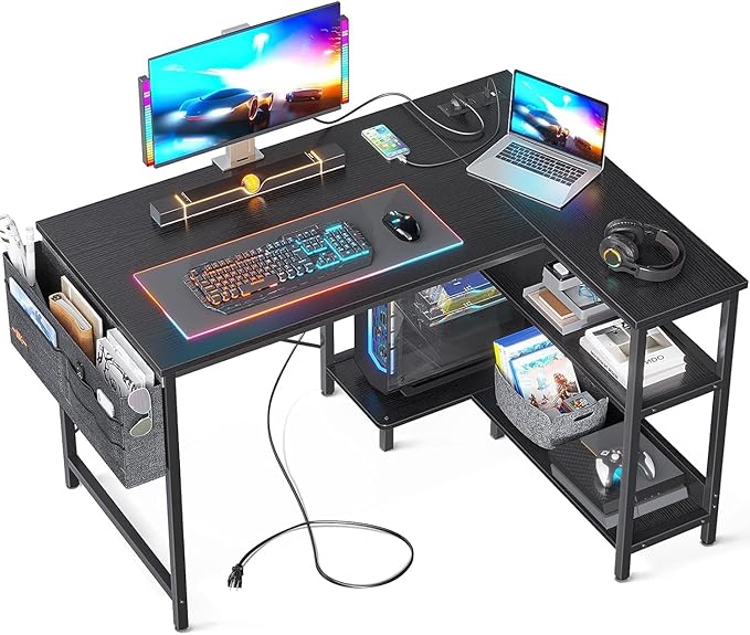ODK 40 Inch Small L Shaped Gaming Computer Desk with Power Outlets Reversible Storage Shelves &amp PC Stand for Home Office Simple Writing Study Table with Storage Bag for Small Space Black