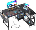 ODK 40 Inch Small L Shaped Gaming Computer Desk with Power Outlets Reversible Storage Shelves &amp PC Stand for Home Office Simple Writing Study Table with Storage Bag for Small Space Black