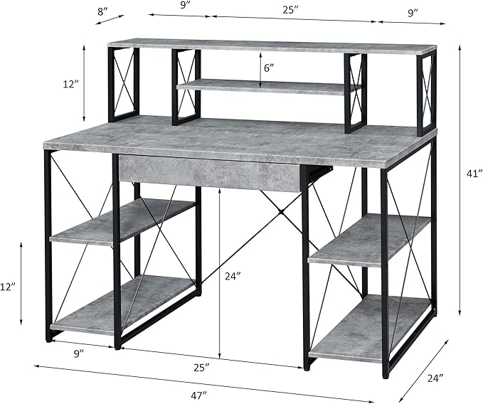 Penau Gray Finish Writing Desk Spacious Storage with Metal Frame Modern Design for Home Office Creative Studio Compartment Style