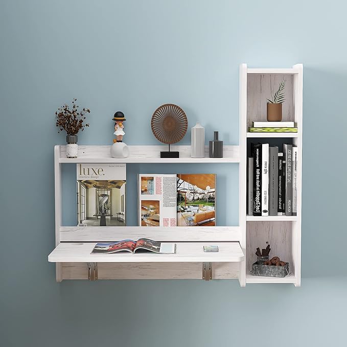 Pmnianhua Floating Desk41'' Wall Mounted DeskFold Down Laptop DeskFolding WorkstationSpace Saving Table with Storage for Bedroom Study Room Small Space (Off White-Left)