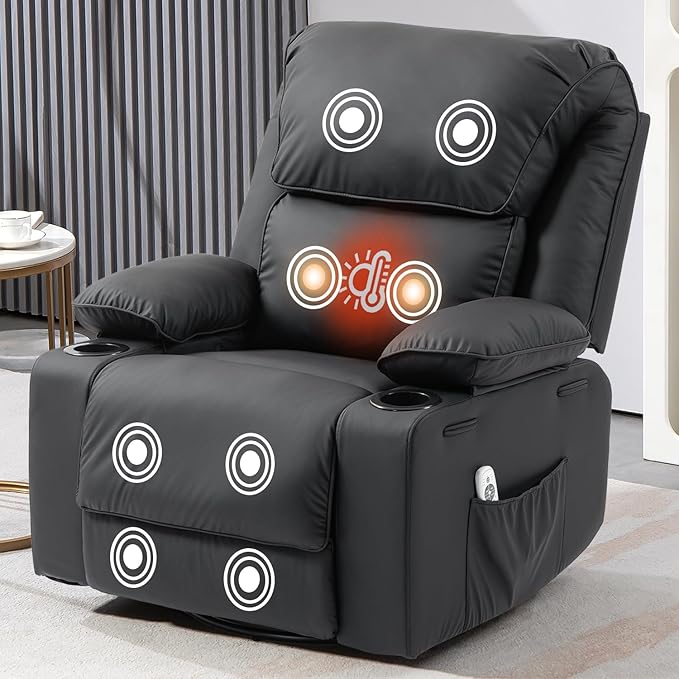Leather Recliner Chair Rocker Massage Recliner Chair with Massage and Heat Swivel Manual Recliners Chairs with Cup Holders for Living Room(Leather Black)