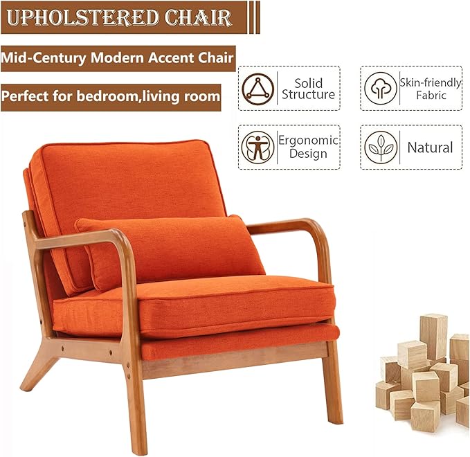 Accent Chair for Living Room Mid-Century Modern Upholstered Armchair with PillowReading Arm ChairComfy Accent Chair for Bedroom