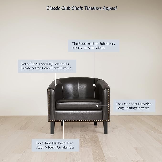 BELLEZE Accent Barrel Chair Set of 2 Modern Faux Leather Tub Club Chair Upholstered Armchair with Gold Nail Head Trim and Black Legs for Living Room Bedroom Apartment Lounge - Dark Brown
