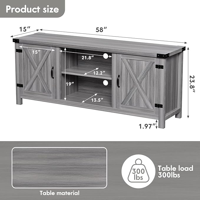 YESHOMY Modern Farmhouse TV Stand with Two Barn Doors and Storage Cabinets for Televisions up to 65+ Inch Entertainment Center Console Table Media Furniture for Living Room 58 Inch Gray Wash