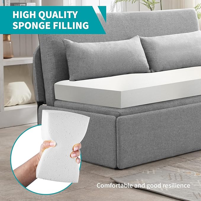 BALUS 61 Queen Sleeper Sofa Bed Pull Out Couch with Pullout Beds 2 in 1 Convertible Linen Loveseat Sofas Sleepers with Pillows Tri-fold Mattress for Small Space Office Apartment Loft Light Grey