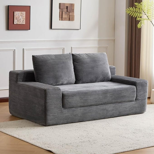 72 Boneless Loveseat Couch Foldable Pull Out Sofa Bed with 2 Pillows Corduroy Floor Sofa for Apartment Living Room Bedroom Guest Room No Assembly (Dark Grey)