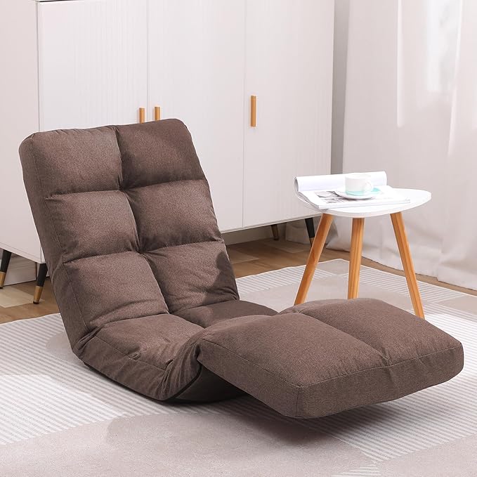 Floor Recliner with Adjustable Footrest - 14-Position Backrest &amp 5-Level Footrest for Ultimate Relaxation Foldable Linen Chaise Lounge Chair for Living Room (Brown)