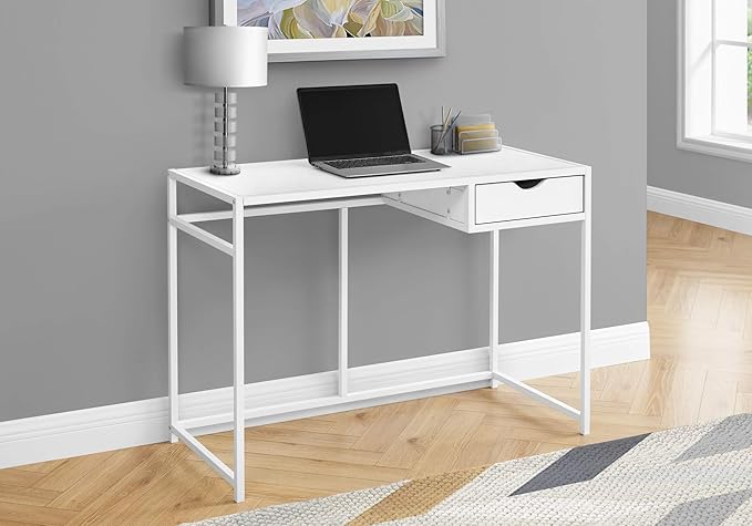 Penau Contemporary Computer Desk for Home Office 42.25 Inch Compact Design with Storage Drawer White Laminate and Metal Frame
