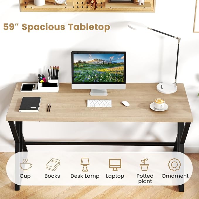 Giantex Large Computer Desk 59 Industrial Home Office Desk with Z-Shaped Metal Leg &amp Crossbar Rustic Laptop Computer Workstation Modern Simple Executive Writing Desk for Gaming Study Grey Oa