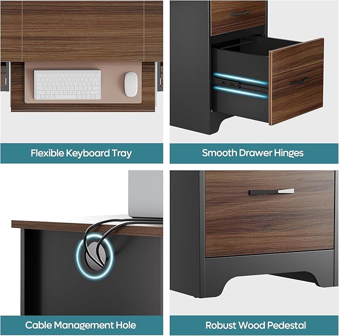 Bestier 59” Computer Desk with 4 Drawers Office Desk with Storage Industrial Executive Desk with File Drawer Keyboard Tray &amp 2 Pedestals for Home Office &amp Studio Cherry