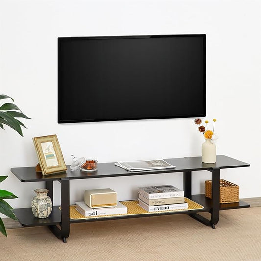 Bamboo TV Stand for TVs up to 65 Accent Entertainment Center with Storage Media Console Table with Shelf Modern TV Stand for Living Room Bedroom 54.3(L) Black