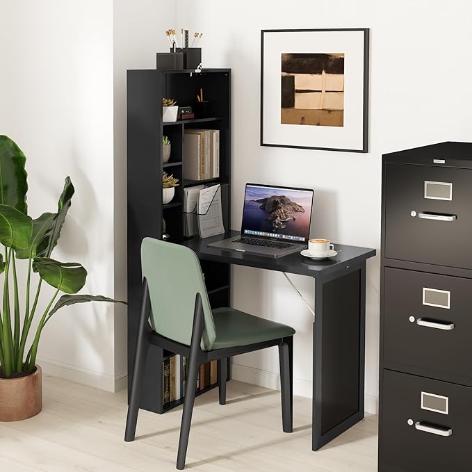 HOMCOM Foldable Convertible Writing Table Wall Mounted Space-Saving Computer Desk with Chalkboard and Storage Shelves for Small Spaces Home Office Bedroom Dorm Apartment Black