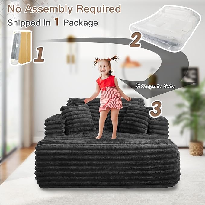 56 Oversized Chaise Lounge Chair IndoorPlush Faux Fur Sleeper Sofa Couch Bed with Pillows&ampWide ArmrestsFluffy Comfy Cloud CouchCompression Foam Couch for Living RoomBedroom(Black)