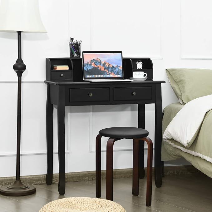 Giantex Writing Desk with 4 Drawers Removable Floating Organizer 2-Tier Mission Home Computer Vanity Desk for Apartment Small Space (Black)