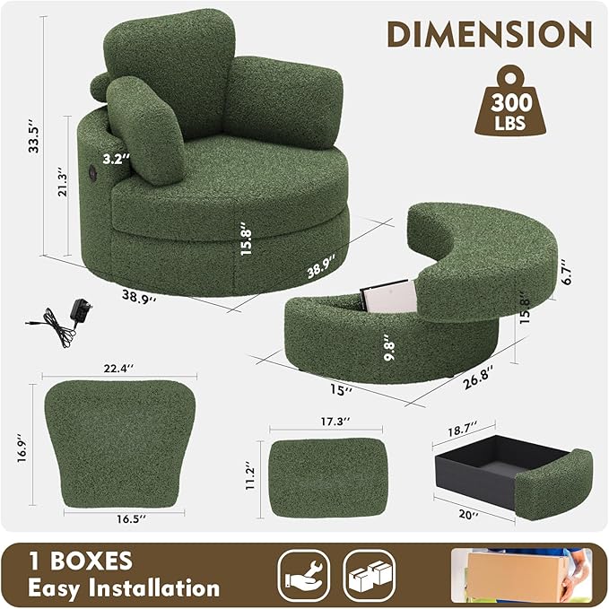 MEISSALIVVE Swivel Accent Chair with Half Moon Ottoman Round Chairs with Drawer Storage for Living Room 360° Barrel Chair with USB Charging Port (Teddy Fabric Green)