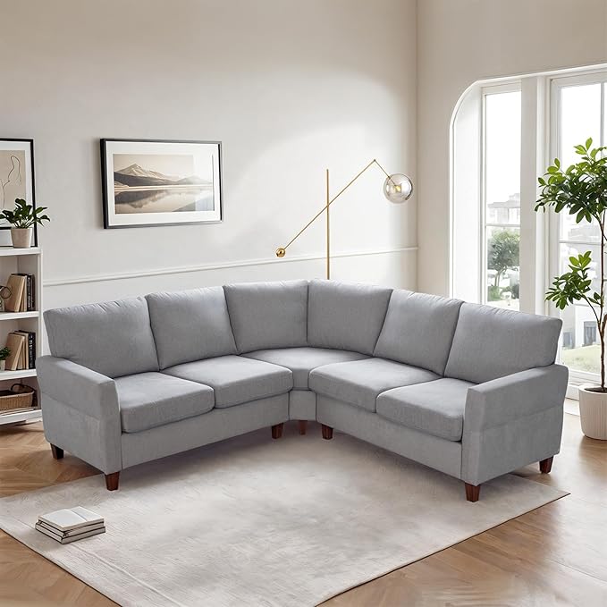 L Shaped Couch Small Sectional Sofa for Living Room L Couch with Pocket Springs Seat Cushion Linen Fabric Tapered Legs Comfy Corner Sofa for Small Space Apartment Office Light Grey