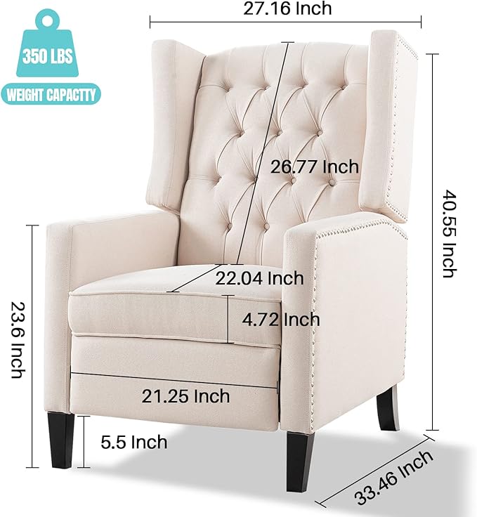 Fabric Recliner Chair Accent Living Room Chairs White Modern Mid-Century Recliner Button Tufted Club Chair Upholstered Reclining Reading Arm Chair 27 Wide