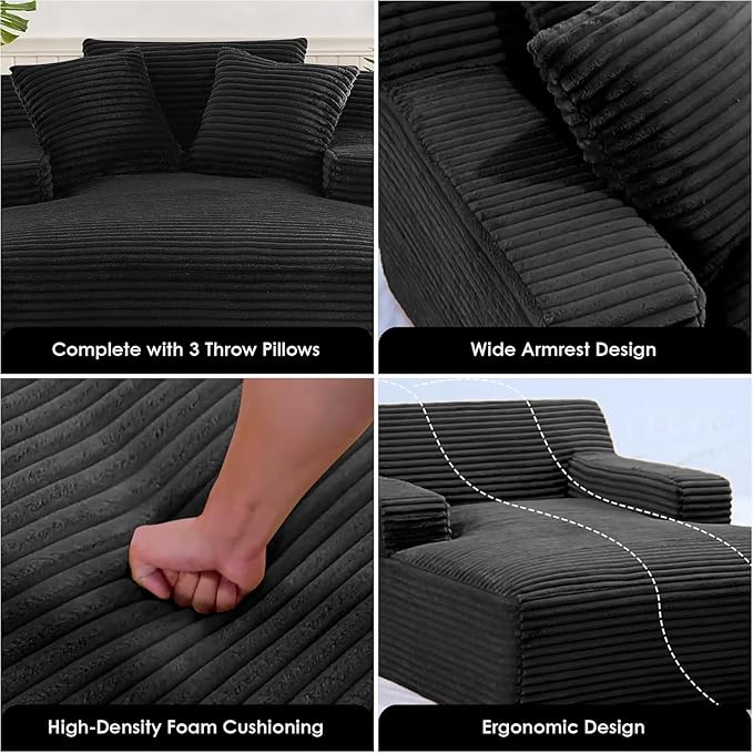 Container Furniture Chamden Oversized Chaise Lounge Chair Modern Corduroy Sofa Bed with Full Foam Cushioning Cozy Convertible Sleeper for Living Room or Bedroom Black