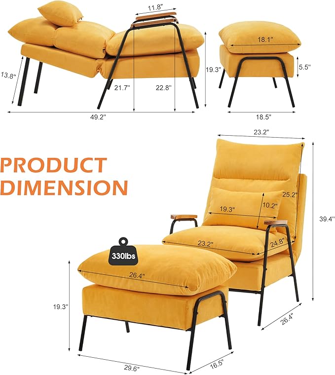 MCombo Accent Recliner Chair with Ottoman Modern Linen Fabric Armchair Upholstered Sofa Bed for Living Room Bedroom Small Space 4055 (Yellow)