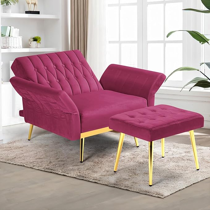 Velvet Accent Chair with Adjustable Backrest and Armrests Single Recliner Armchair with Ottoman and Golden Mental Legs for Living Room Bedroom and Waiting Room Fuchsia